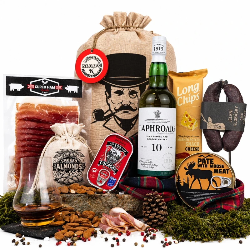 Dárkové balení se skotskou whisky v dárkovém koši pro muže s Laphroaig