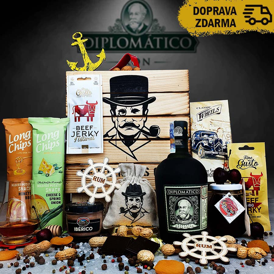 Gift set with Diplomatico rum in sunburnt box with lever