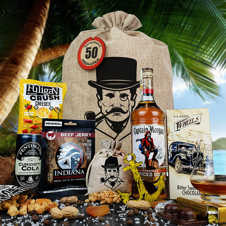 Dárkové balení rumu Captain Morgan spiced | Dárkový koš s rumem pro chlapa