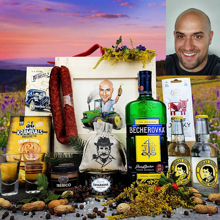 Original funny gift for a tractor driver for birthdays, Christmas and anniversaries as a gift set with Becherovka